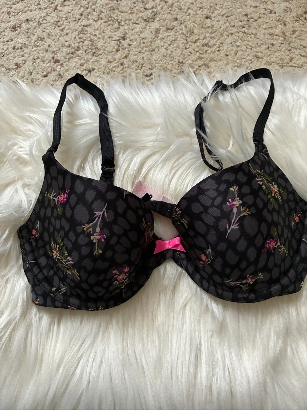 Victoria's Secret Black Floral Push-Up Bra with Pink Bow